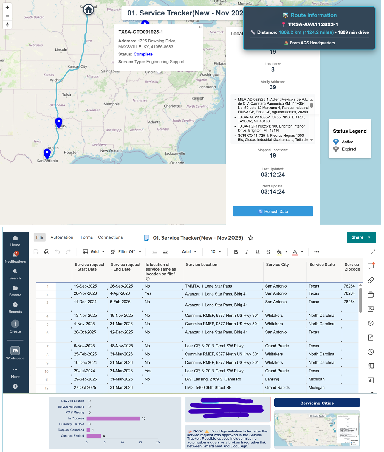 Smartsheet API-connected real-time map dashboard