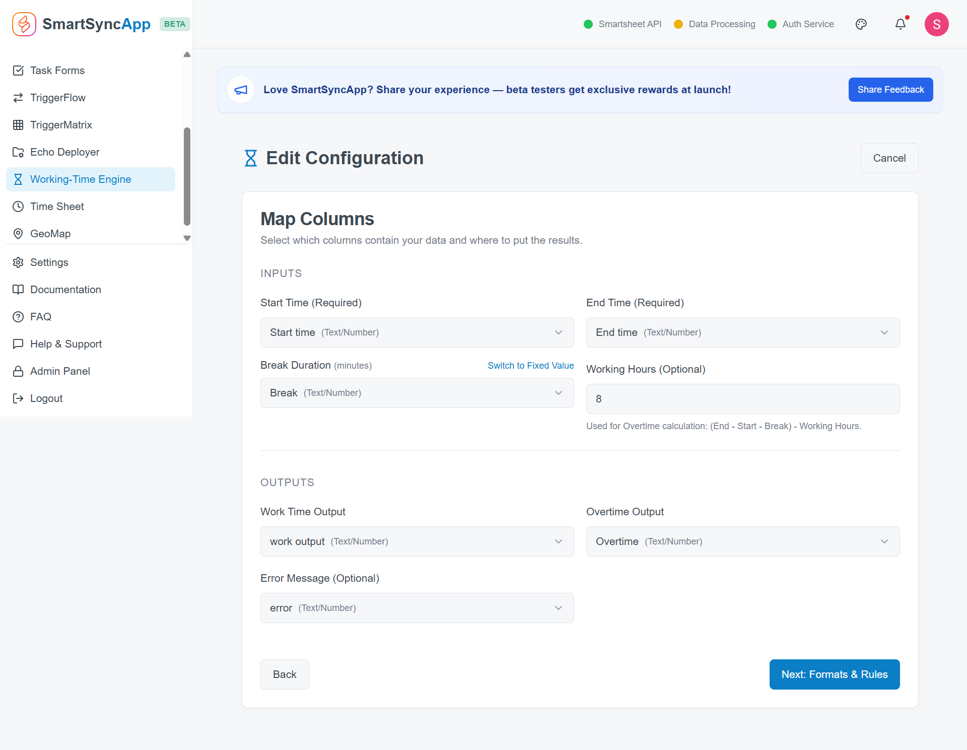SmartSync preview showing automated work time overtime and time format calculations