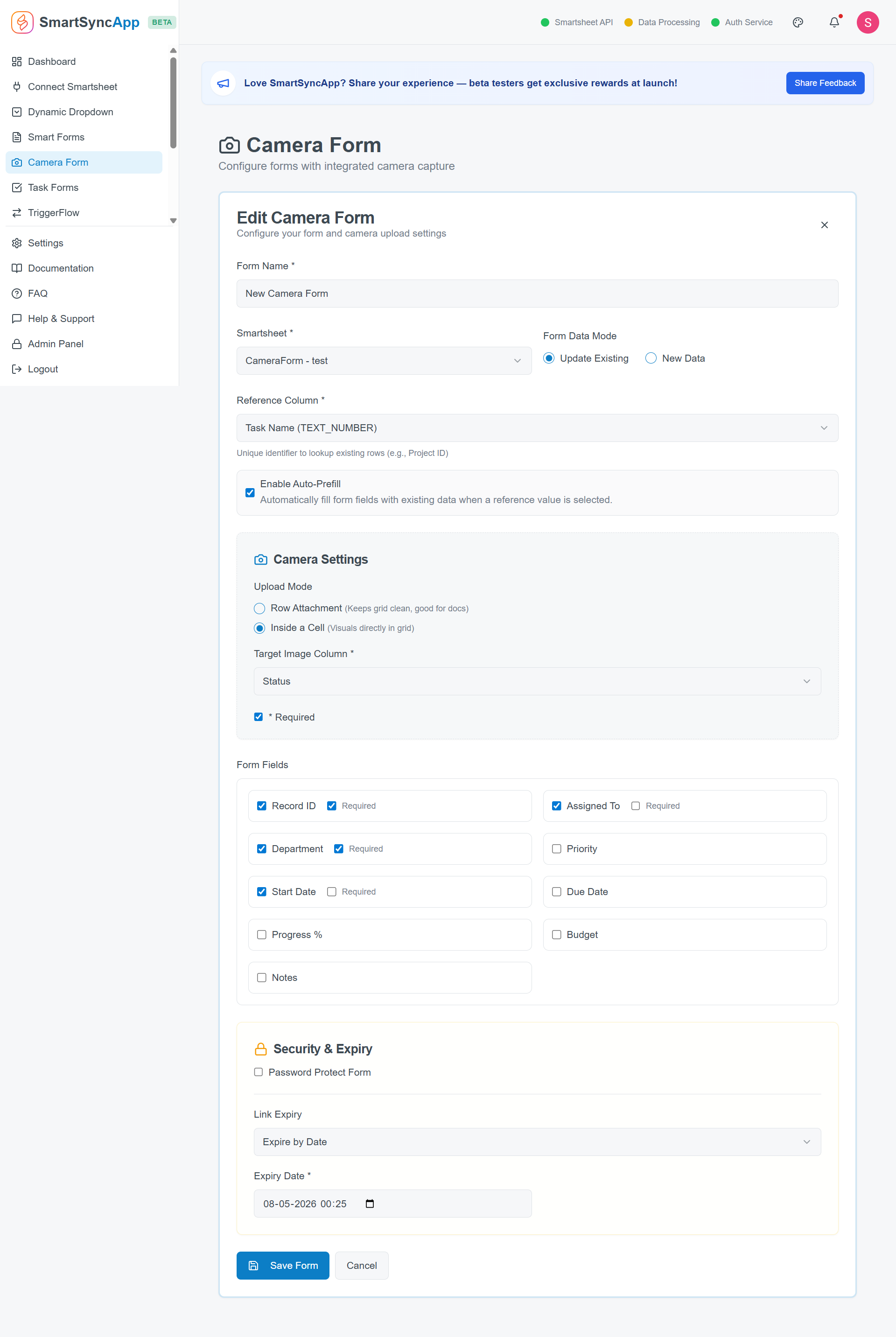 SmartSync preview showing a camera form that captures images directly into Smartsheet