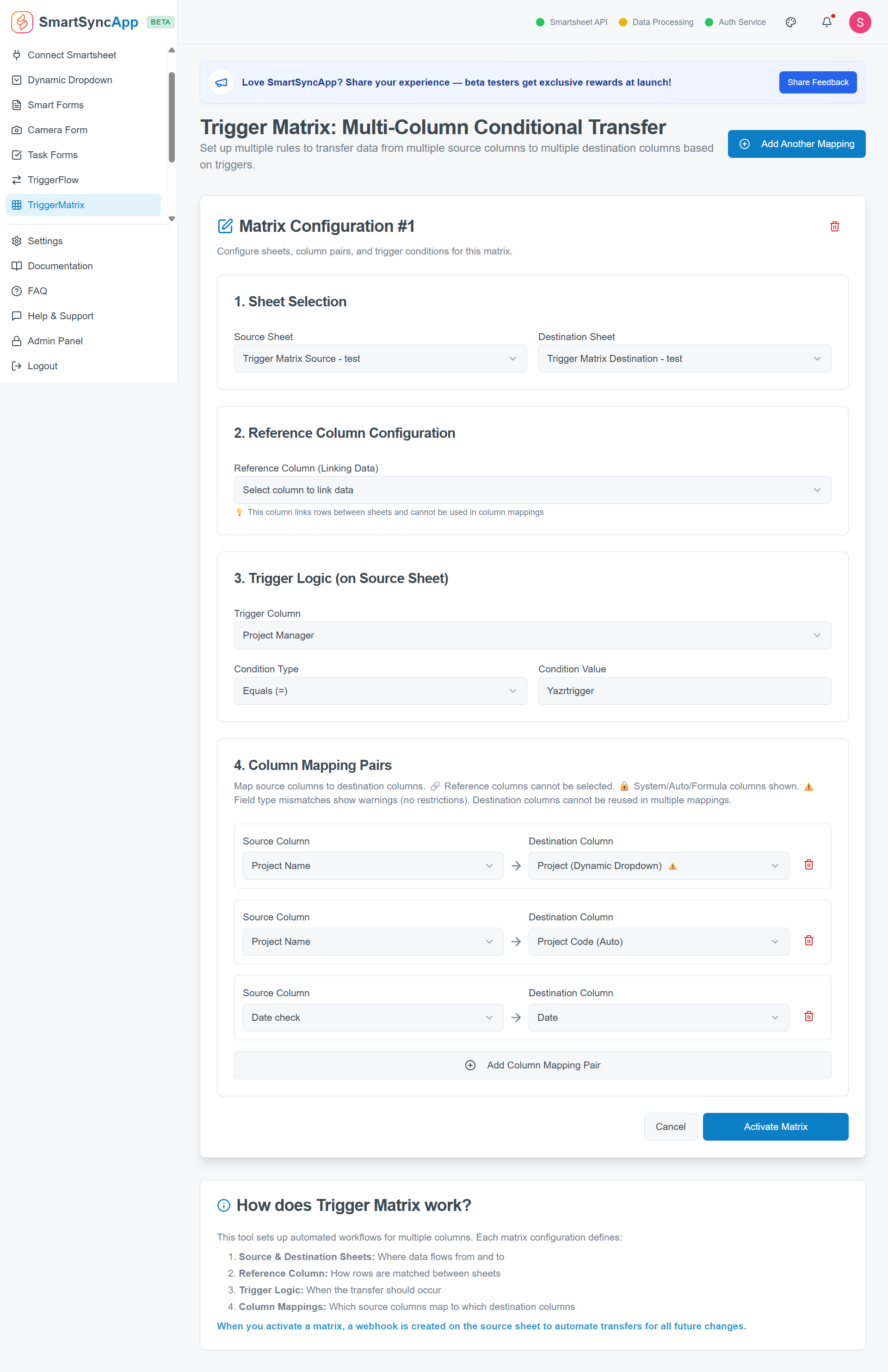 SmartSync preview showing automation that copies selected columns between Smartsheet sheets