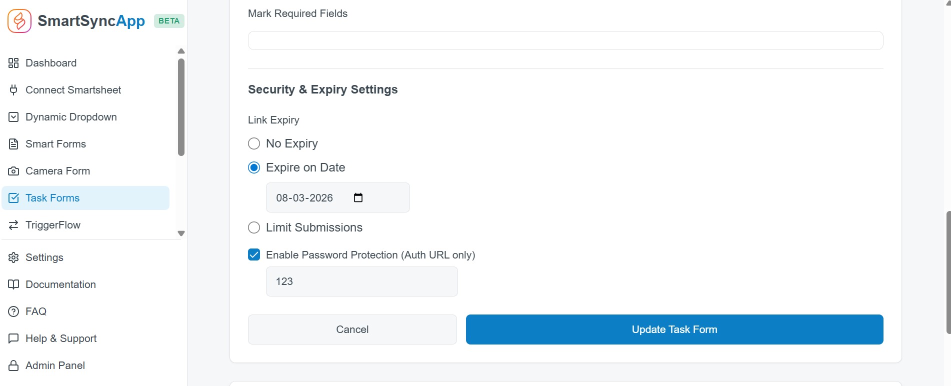SmartSync preview showing expiry controls and password protection for forms
