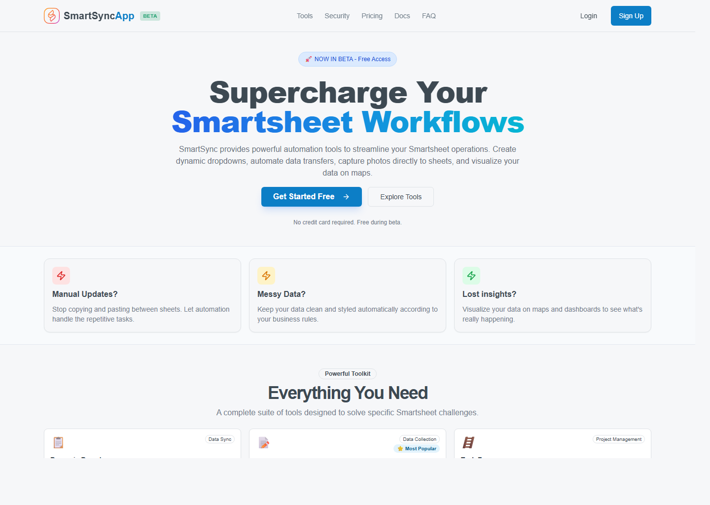 SmartSyncApp homepage preview showing the main workflow automation hero section