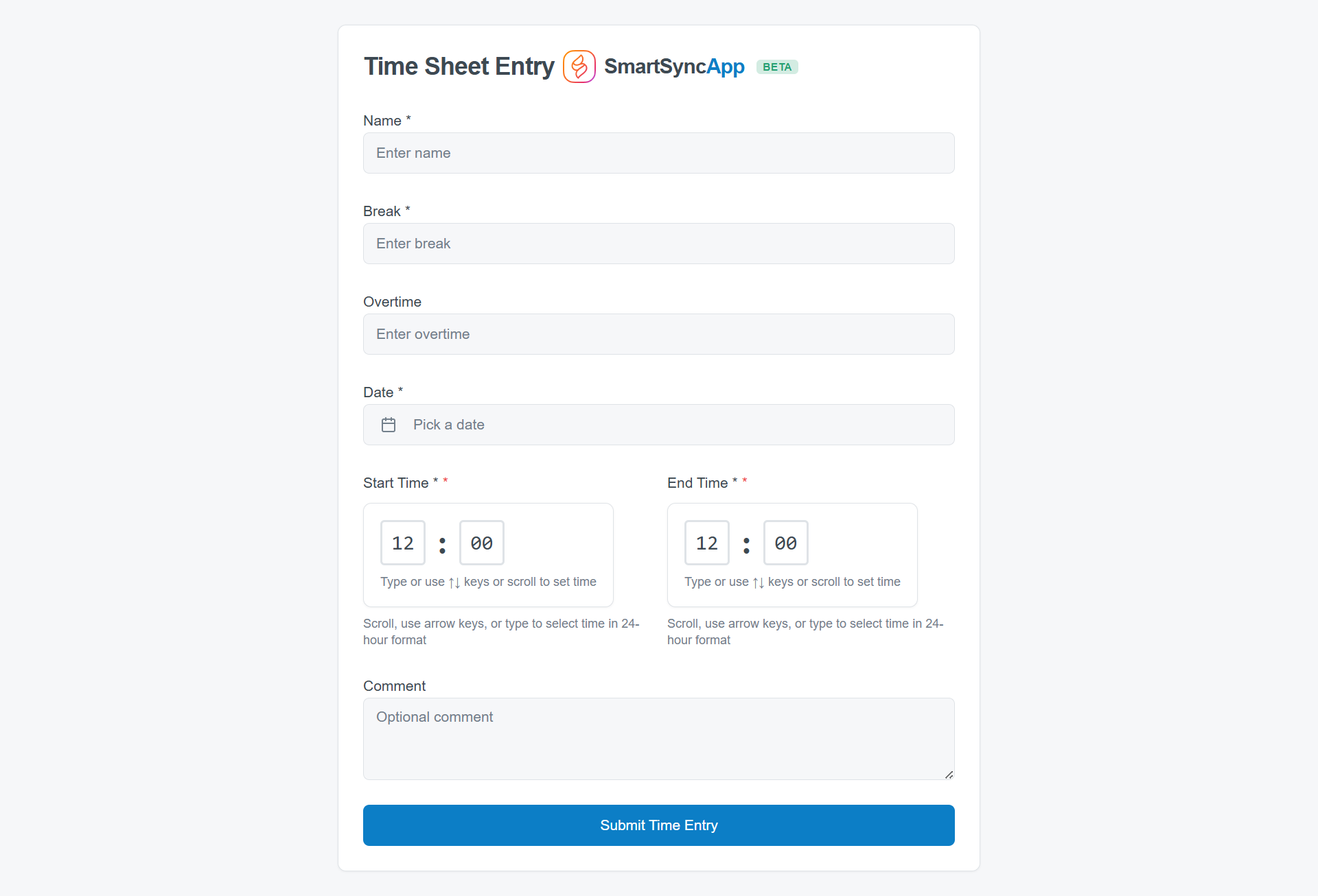 SmartSync preview showing a real-time timesheet form connected to Smartsheet