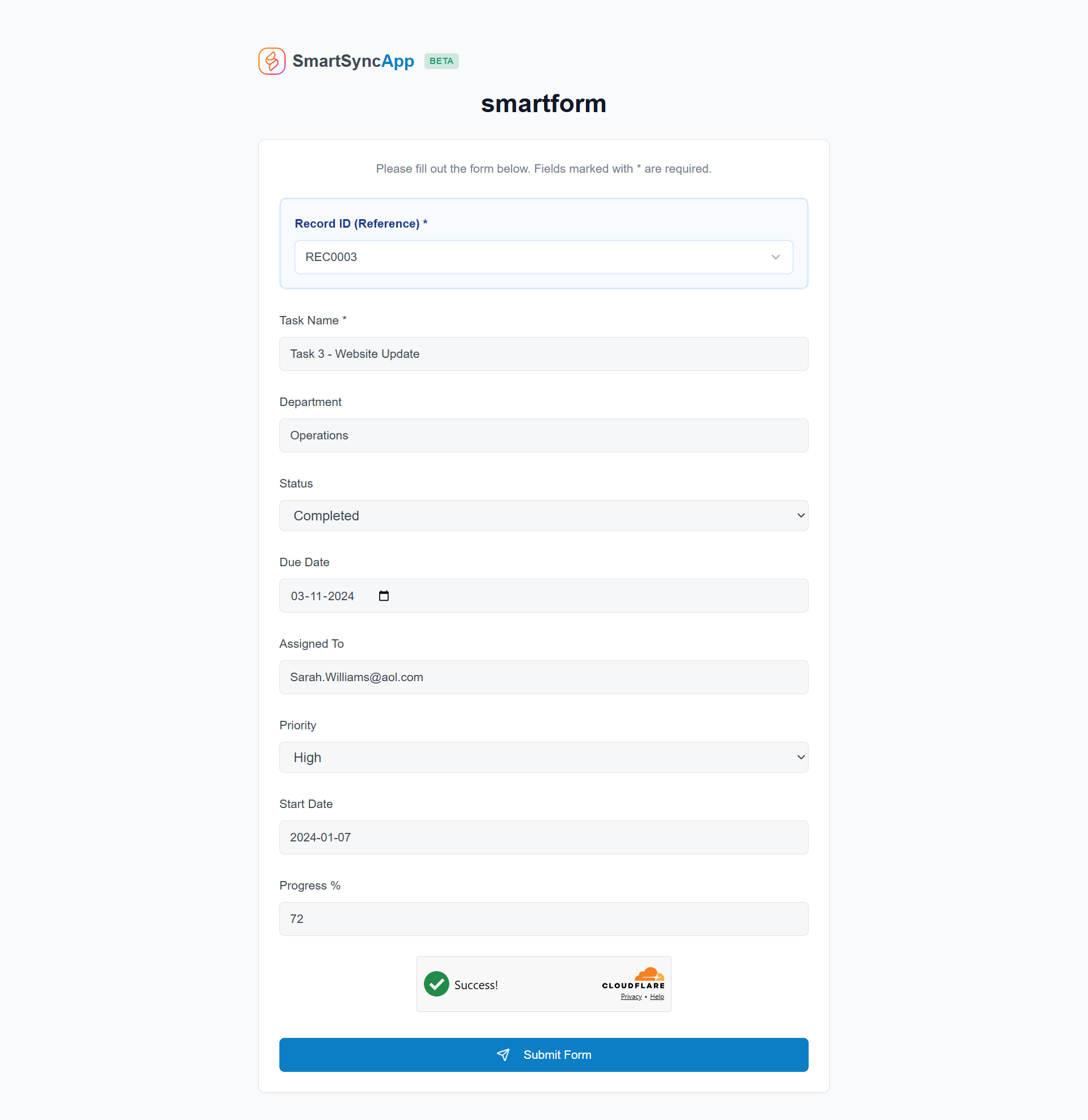 SmartSync preview showing a smart form used to edit existing Smartsheet data