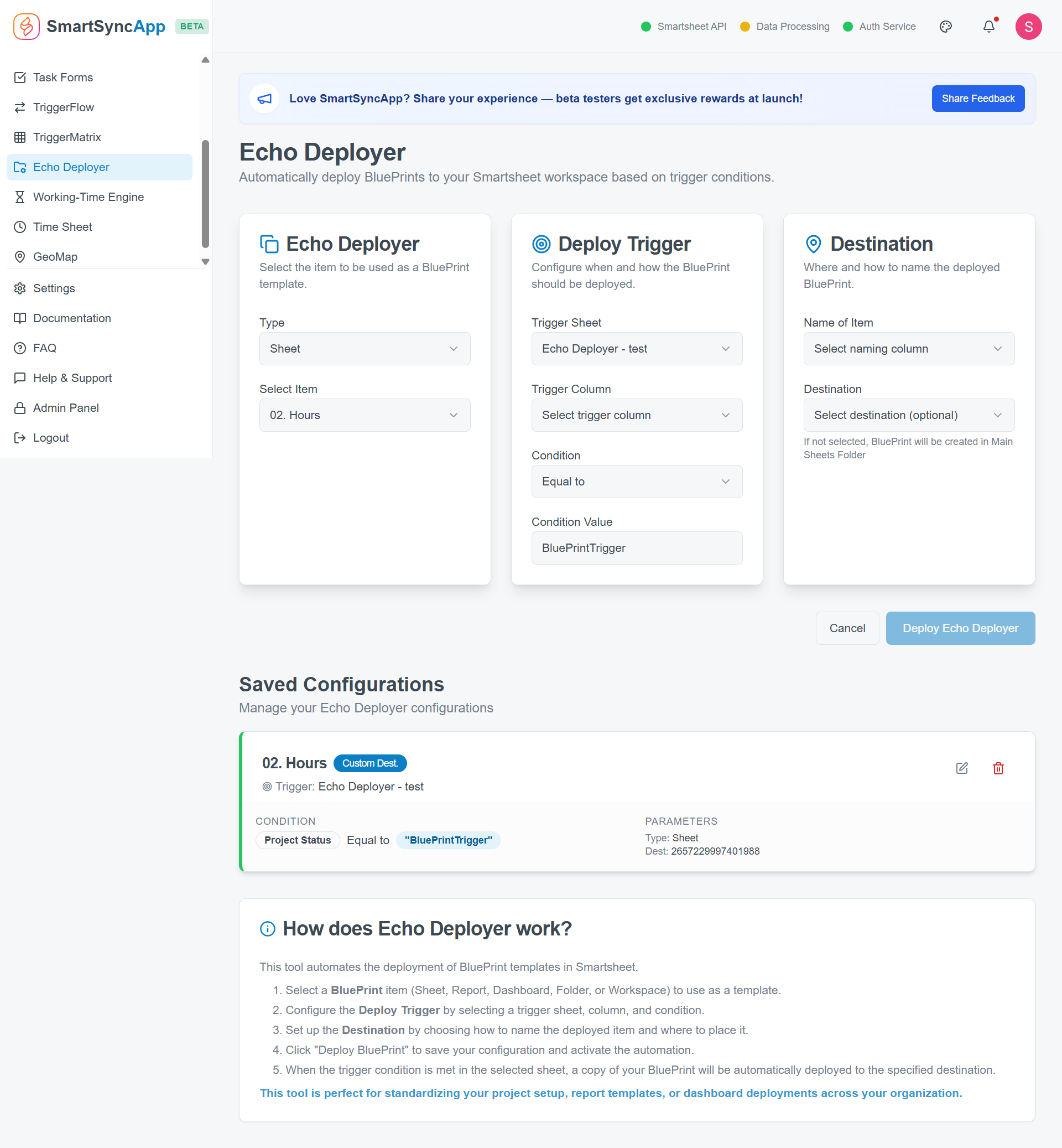 SmartSync preview showing generation of sheets dashboards folders and workspaces from templates