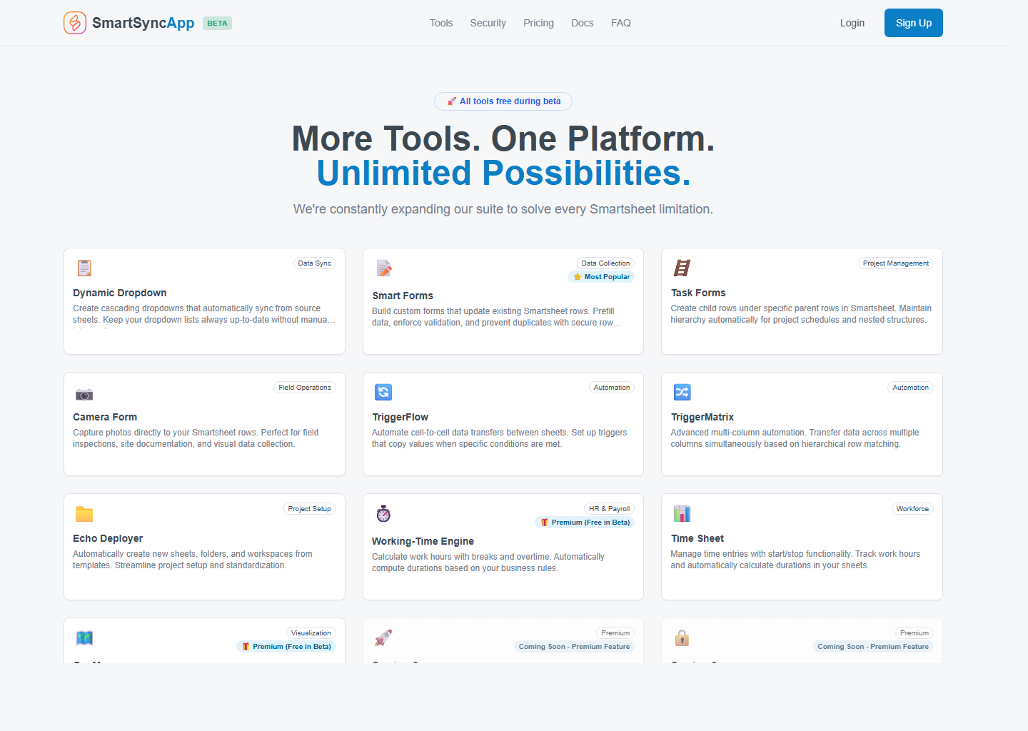 SmartSyncApp tools page preview showing the available automation tools